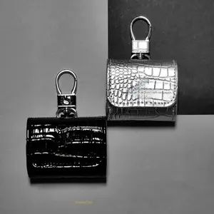 Metallic Crocodile Earbud Protective Case with Hook - Glossy Leather Cover for Wireless Earphones, Black & Silver Options