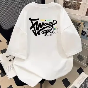 Baju T - shirt Unisex Harian, Kain Lembut, Motif Teks Grafiti Tangan, Warna Hitam & Putih