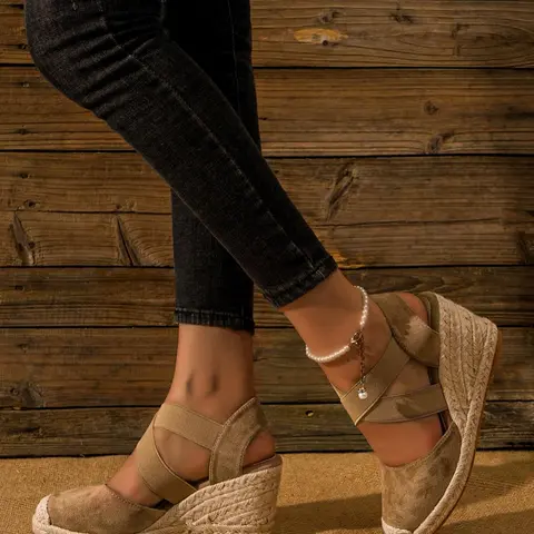 Women's Summer 2024 Fashion Classic Cross Strap Closed Toe Espadrille Wedge Sandals, Simple Plain Color & Leopard Print Decoration Strap, Elegant Sandals, Espadrilles Platform Sandals, Espadrille Wedges Sandals, Elevated Sandals