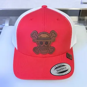 Pirate Leather Patch Trucker Cap Handmade Anime Hat with Skull Logo Red & White Snapback