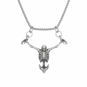 Gothic Skeleton Pendant Necklace for Men Women, Medical Grade Titanium Steel Hypoallergenic Chain, Waterproof Tarnish Resistant, 3D Movable Joint Skeletal Pendant, 60cm Box Chain, Double-Sided Flip Design Punk Hip Hop Jewelry for Daily Wear Halloween