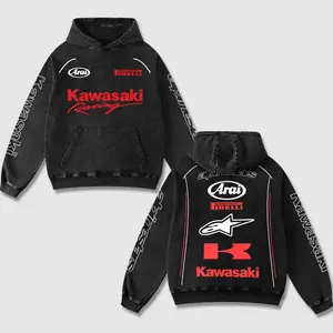 Retro Alpinestars x Kawasaki Racing Washed Hoodie Motor World Champion Enthusiast Apparel Streetwear Racing Team Motorcycle Clothing Motorbike Riders Supermotor Off-Road Dirt Bike Fan Gear Cotton For Motor Fan