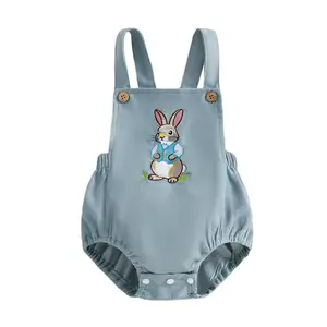 Baby Boy Easter Romper Casual Bunny Embroidered Sleeveless Newborn Overalls Jumpsuit