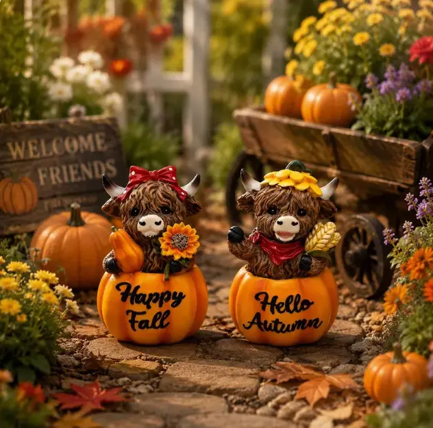 Highland Cow Pumpkin Figurine Set, Farmhouse Animal Statues, Fall Tiered Tray , Thanksgiving Harvest Home , Happy Fall Signs garden decor supply funny decoration sculpture outdoor lawn