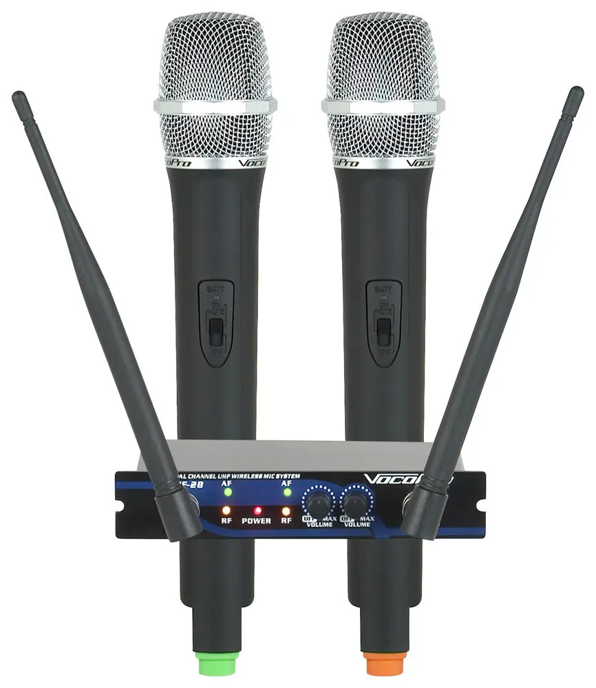 Dual Channel UHF Wireless Microphone System - Podcast Setup Kit with Adapter, Connecting Cable, AA Batteries, 1/4" Input, 3 lbs, 6" W x 4.25" D x 1.25" H, FCC Frequency Rules Compliant, Compatible with Audio Devices