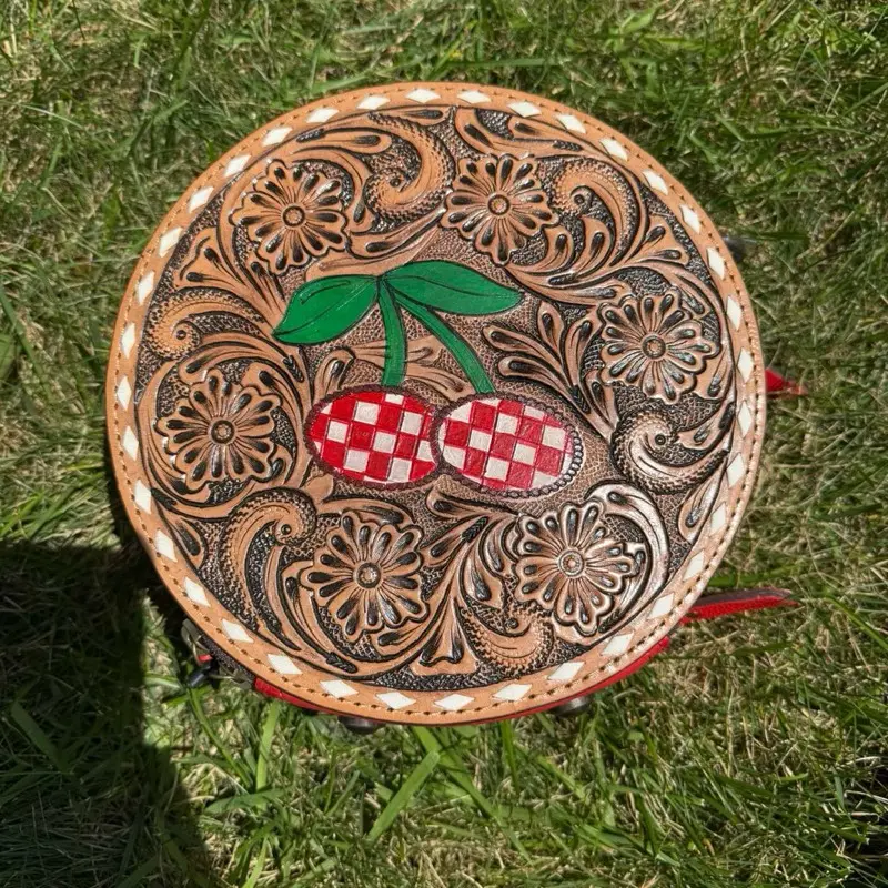 Genuine hand tooled & painted leather MEDIUM SIZED crossbody canteen bag- checkered cherry