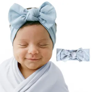 Baby Headwrap with Knotted Bow, Soft & Stretchy Bamboo Viscose, Comfortable Infant Hairband for Newborn & Toddler Girls, Ideal Gift for Baby Shower & Milestone Celebration, Mist Blue