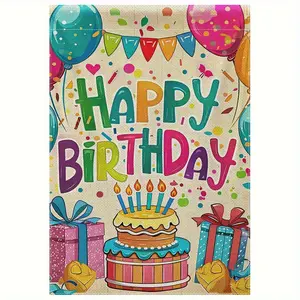 Birthday Garden Flag, Vibrant Balloons, Cake, And Present Motif, No Flagpole Required, 12X18 Inches, Linen Material, Double Sided Design ﻿