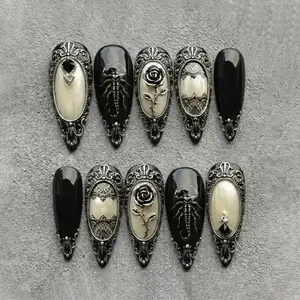 Black Gothic Press On Nails: 3D Rose & Insect Design, Vintage Ornate Frames For Unique Nail Art