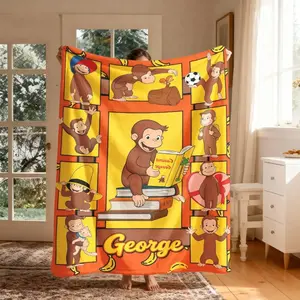 Curious George Print Flannel Blanket, Large Size, Soft and Lightweight, Ideal for All Seasons, Perfect for Bed, Sofa, Office, Camping, Travel