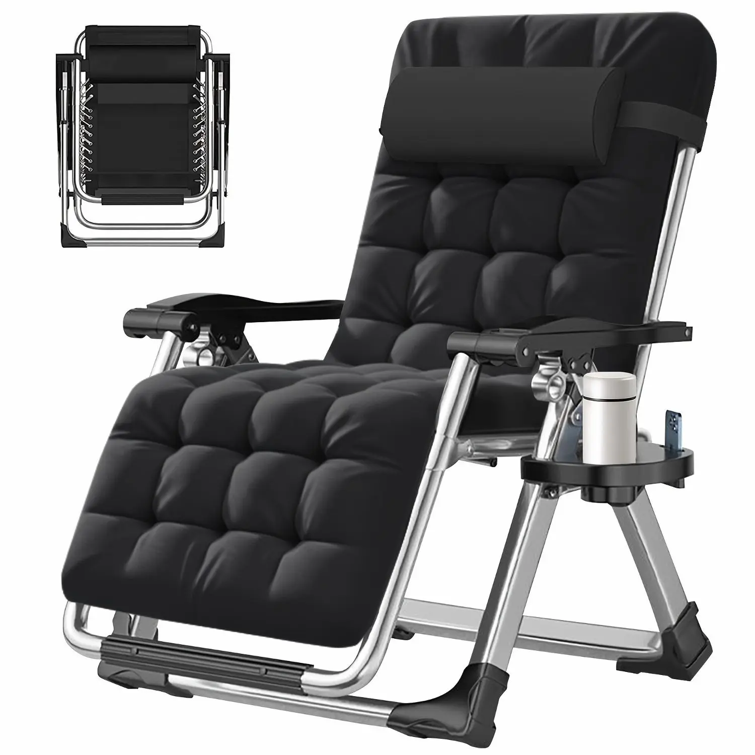 A Zero-Gravity Lounge Chair That Reclines, Featuring a Detachable Cushion And a Cup Holder, Suitable for Both Indoor And Outdoor Use. This Folding Recliner Can Support Weights of Up to 440 Pounds.