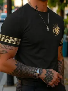 Urban Elegant Style Slim Fit Premium Black Tee Streetwear | Gold Lion Print with Greek Key Sleeve Cuff Design | Comfortable Durable All-Season Fabric | Versatile Crew Neck T-Shirt for Daily Wear, Business Casual & One Outfit Multiple Occasions