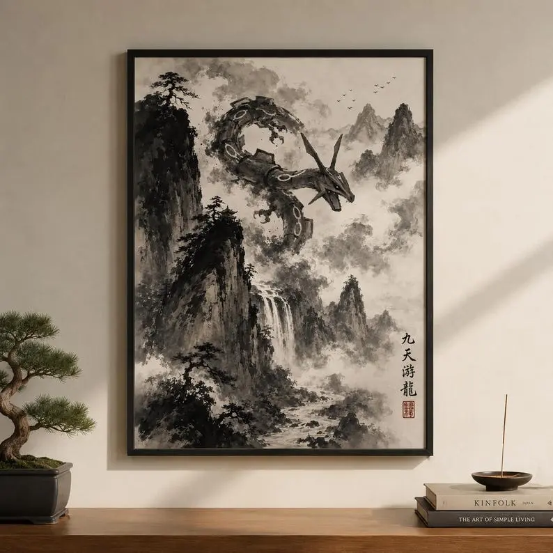 Rayquaza Chinese Ink Painting Print | Pokémon Wall Art | Sumi-e Style | Asian Decor | Anime Gift [UNFRAMED]