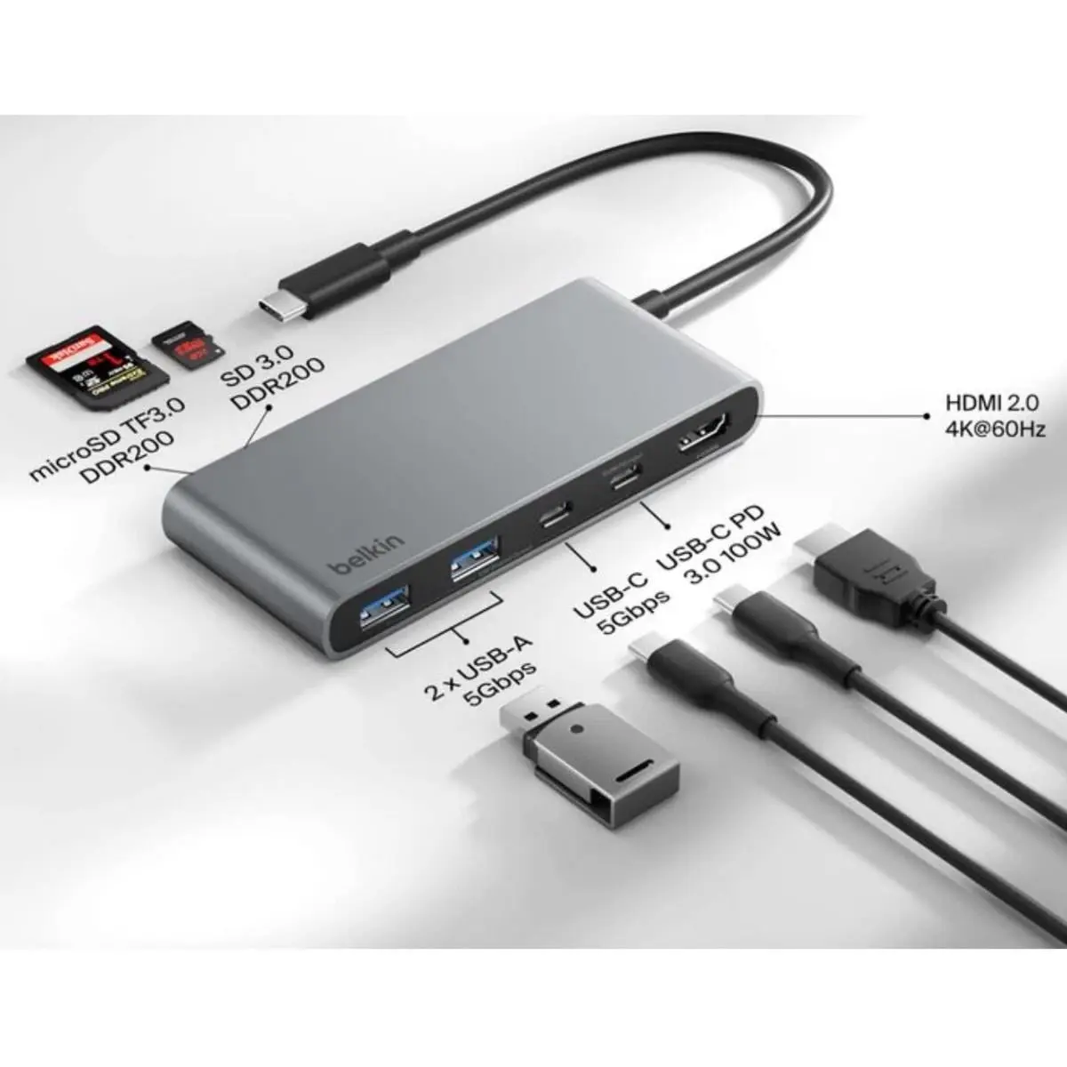 Belkin AVC023fqSGY USB-C 7-in-1 Multiport Hub - 100W Power Delivery, Space Gray