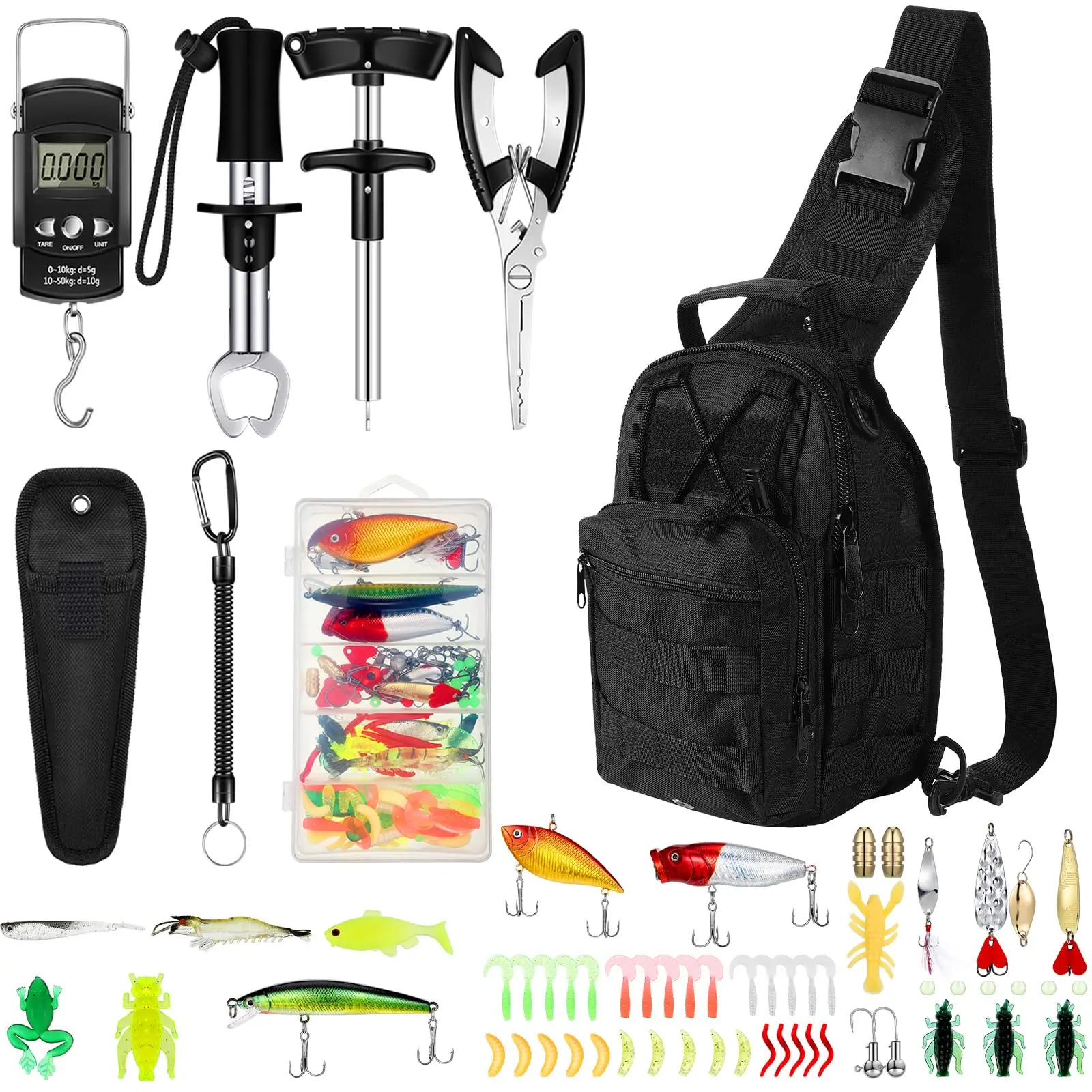 Sosation 134 Pcs Fishing Tool Kit Fishing Pliers Kit Fishing Gear and Equipment Include Fish Hook Remover Fishing Lures Lip Gripper Fish Weigh Scale(Black)