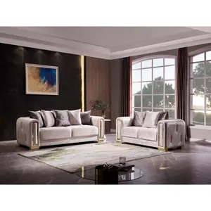 Summervibes 2-Piece Modern Living Room Furniture Set, Beige Velvet Couch with Gold Accents, Matching Plush Chaise Lounge, Flannelette Corner Ottoman, Luxury Recliner Sofa Combo for Home Living Room Decor