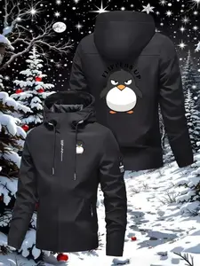 Men's Casual Penguin Hoodie, Fashion Street Style, Adjustable Drawstring, Wing Up Pattern, Daily Wear & Outdoor Adventure
