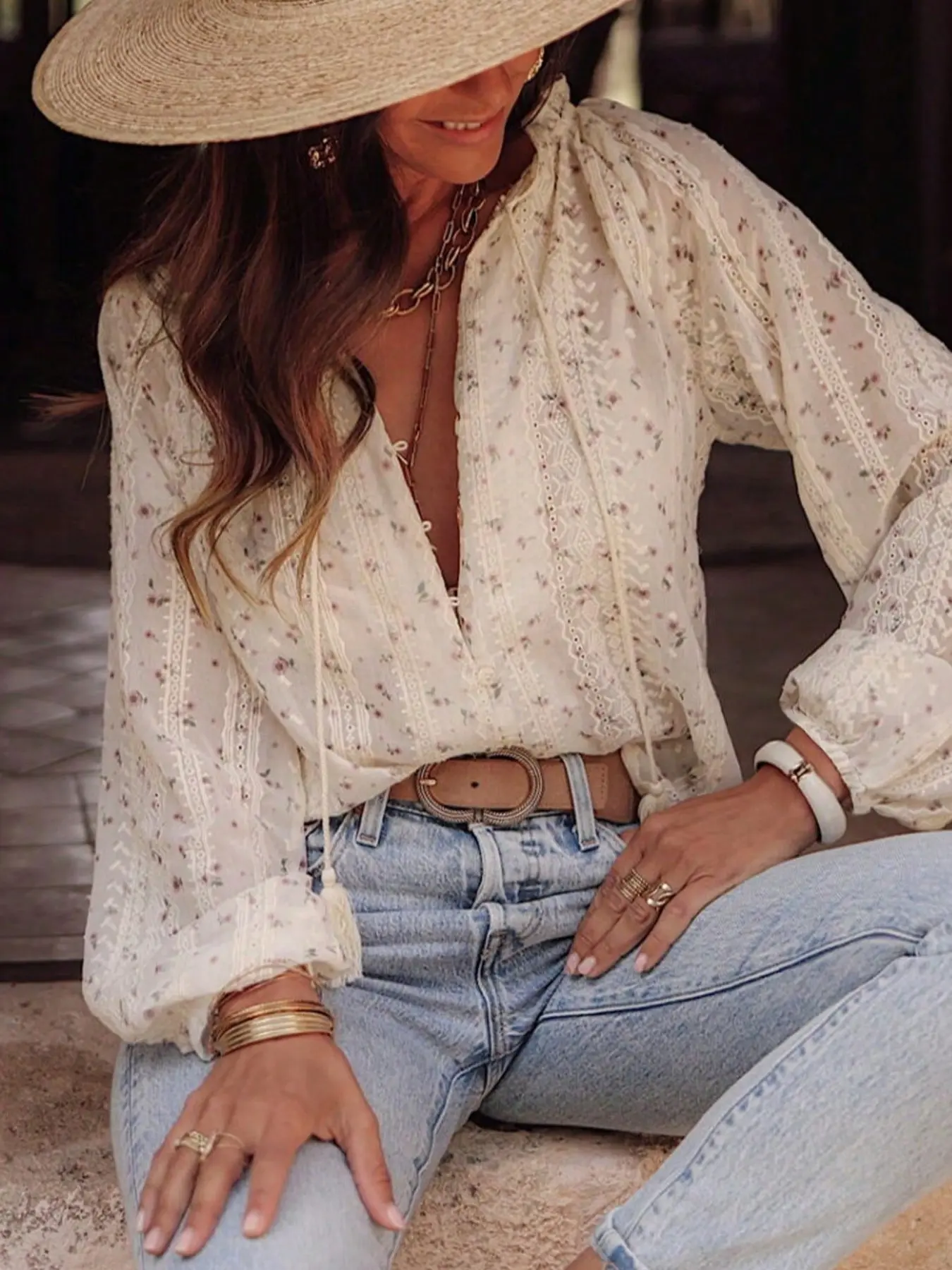 Women's Bohemian Floral Lace Shirt, V Neck Tie Bow Fringe Puff Sleeves Loose Slim Fit Top, Summer Vacation Beach Casual Blouse, Casual Boho Blouses