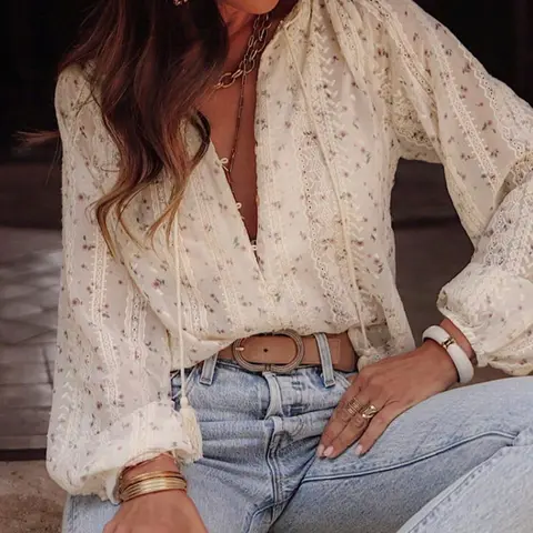 Women's Bohemian Floral Lace Shirt, V Neck Tie Bow Fringe Puff Sleeves Loose Slim Fit Top, Summer Vacation Beach Casual Blouse, Casual Boho Blouses