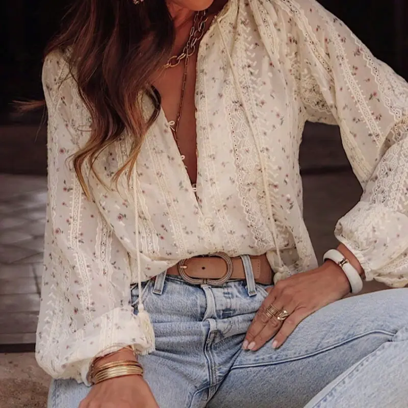 Women's Bohemian Floral Lace Shirt, V Neck Tie Bow Fringe Puff Sleeves Loose Slim Fit Top, Summer Vacation Beach Casual Blouse, Casual Boho Blouses