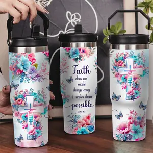 30oz Stainless Steel Insulated Tumbler with Leak-Proof Lid & Portable Handle - Faith pattern wreaths, crosses and butterflies,Long-Lasting Hot/Cold Insulation,Perfect for Car,Office,Travel and Birthday Gifts, Travel Drinkware,Horse Drink Water Bottles