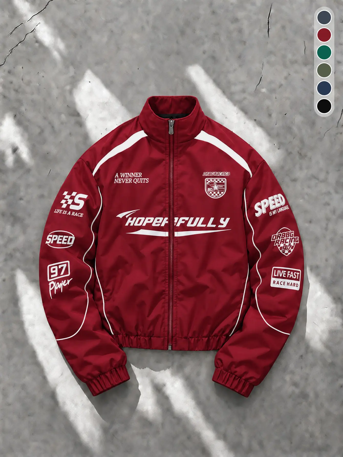 Men Stand Collar Racing Graphic Cropped Jacket Full Zip White Stripe Decor Elastic Hem Vintage Race Print Streetwear Jacket Spring Autumn Daily Outerwear Multiple Colors
