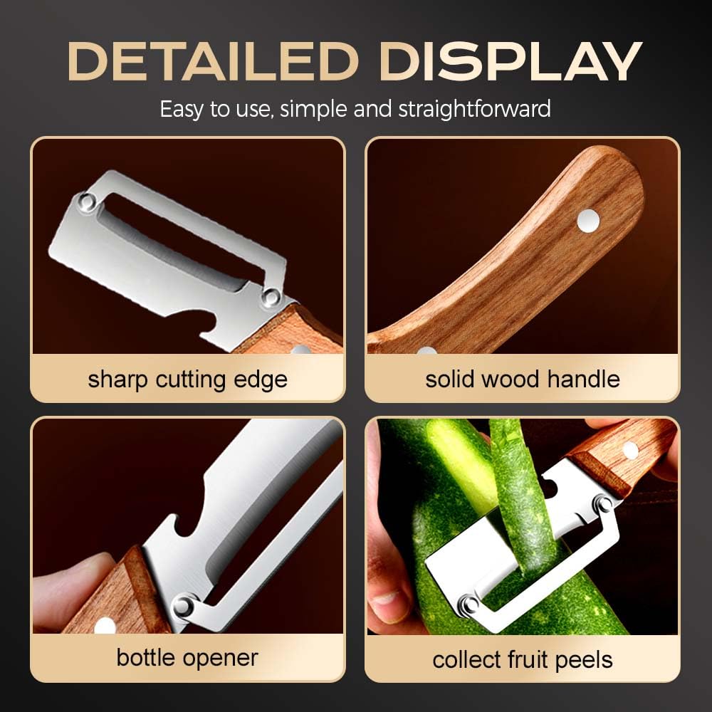 Wooden-Handled Stainless Steel Sharp Peeler with Built-In Bottle Opener for Fruits & Vegetables Ergonomic Non-Slip Handle Long-Lasting Construction Essential Kitchen Tool
