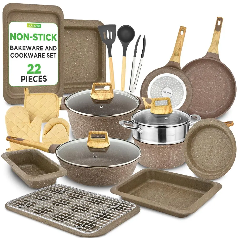 22-Piece Non-Stick Cookware Set with Marble Coating - Maroon | Even Heat Frying Pan, Cooker & Pots with Lids, Streamer, Gloves, Utensils & Bakeware Set - Gas, Electric, Ceramic & Induction Safe Counter Cooktops - Home Kitchenware & Cooking Accessory
