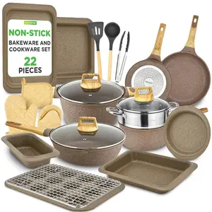 22-Piece Non-Stick Cookware Set with Marble Coating - Maroon | Even Heat Frying Pan, Cooker & Pots with Lids, Streamer, Gloves, Utensils & Bakeware Set - Gas, Electric, Ceramic & Induction Safe Counter Cooktops - Home Kitchenware & Cooking Accessory