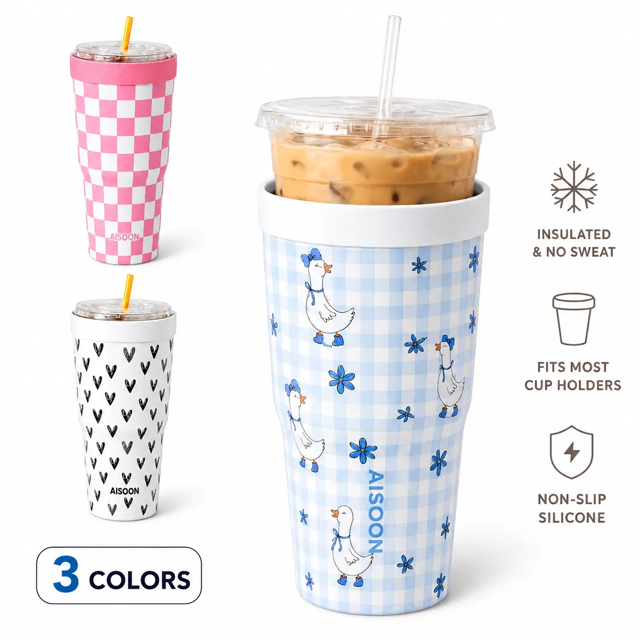 AISOON Iced Coffee Cup Holder for 16–24 oz Takeout Cups, Stainless Steel Insulated Coffee Tumbler Sleeve with Silicone Ring, Reusable To-Go Cup Holder with Clear Lid and Straw, Keeps Hands Dry
