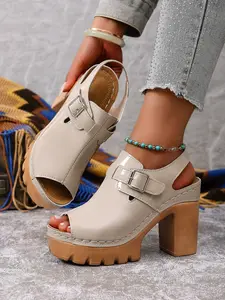 Summer New Women's PU Leather Fish Mouth Open Toe Platform Chunky High Heel Anti-Slip Thick Sole Classy Sandals, Casual Round Toe Shoes for Daily Wear