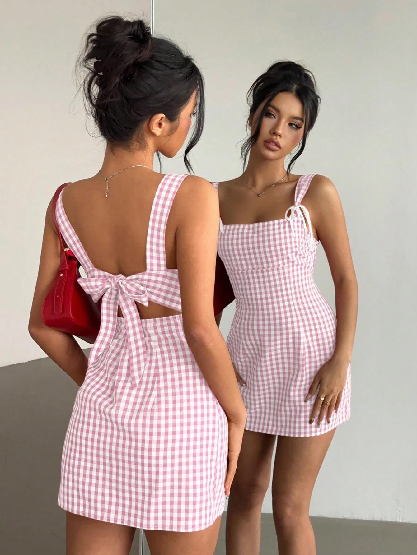 VYNCE Y2K Plaid Mini Camisole Dress Red White Bodycon Cute Pink Casual Summer Outfit Going Out Party Dress