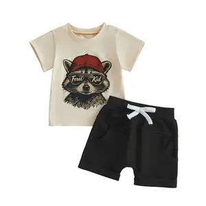 [Lullaby] Toddler Baby Boy Summer Outfit Raccoon Print Crew Neck Short Sleeve Tops and Shorts 2 Pcs Set