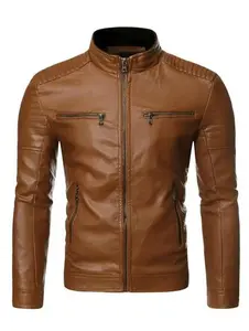 Slim Fit Mens Jacket Faux Leather Zip Up - 2025 Mock Neck Biker Coat for Men - Casual Long Sleeve Fall Winter Jacket Daily Use