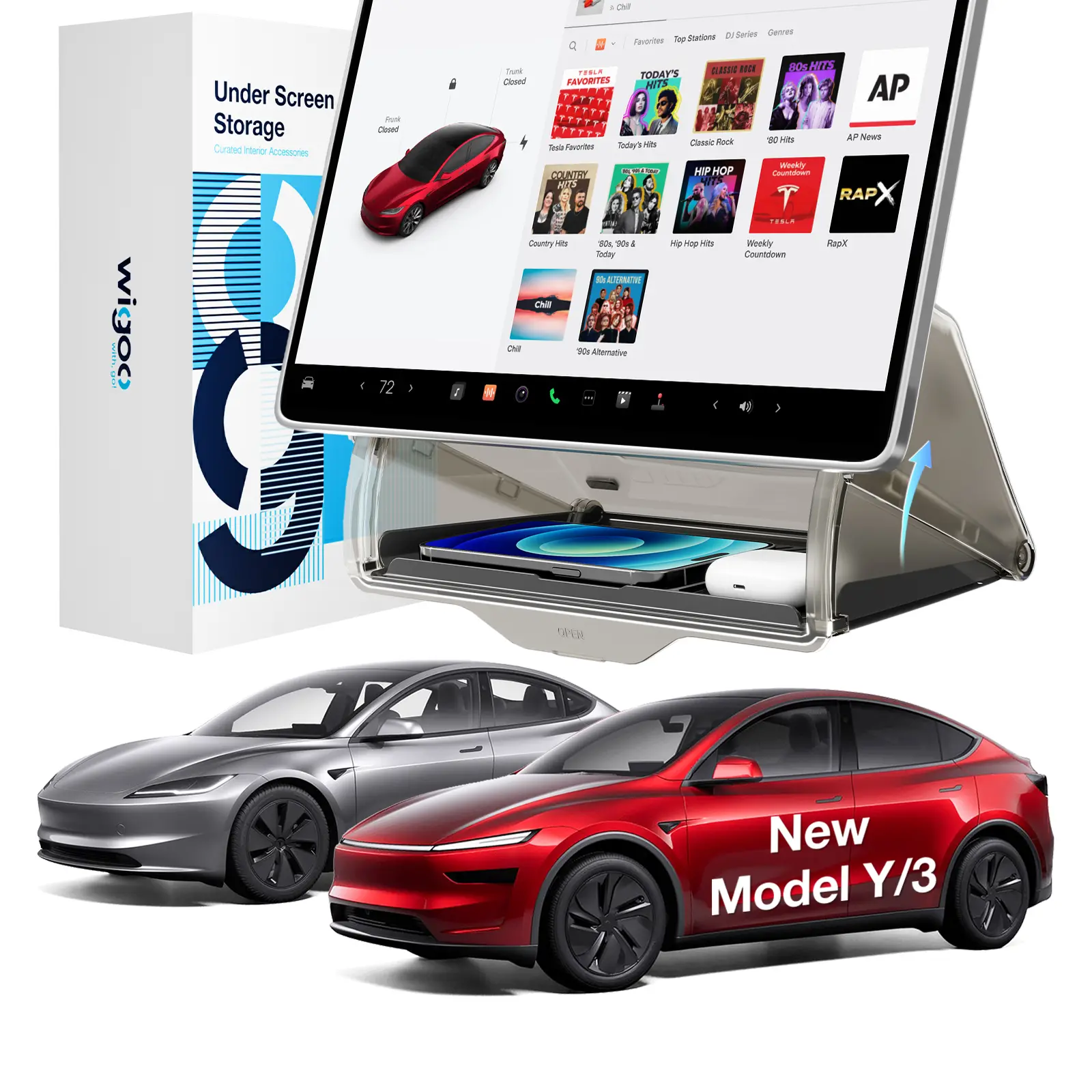 WIGOO Tesla Under Screen Storage Box for Model Y/3, Hidden Stable Car Console Organizer Tray, Tesla Car Interior Accessories