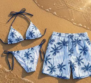 Matching Couple Swimwear Set, Blue Palm Tree Striped Bikini & Swim Trunks, Honeymoon Anniversary Gift
