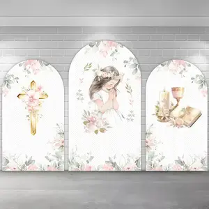 First Communion Floral Arch Covers Stretchy Backdrop – Praying Girl & Gold Cross Design, Perfect for Religious Ceremony & Communion Event Photo Backdrop