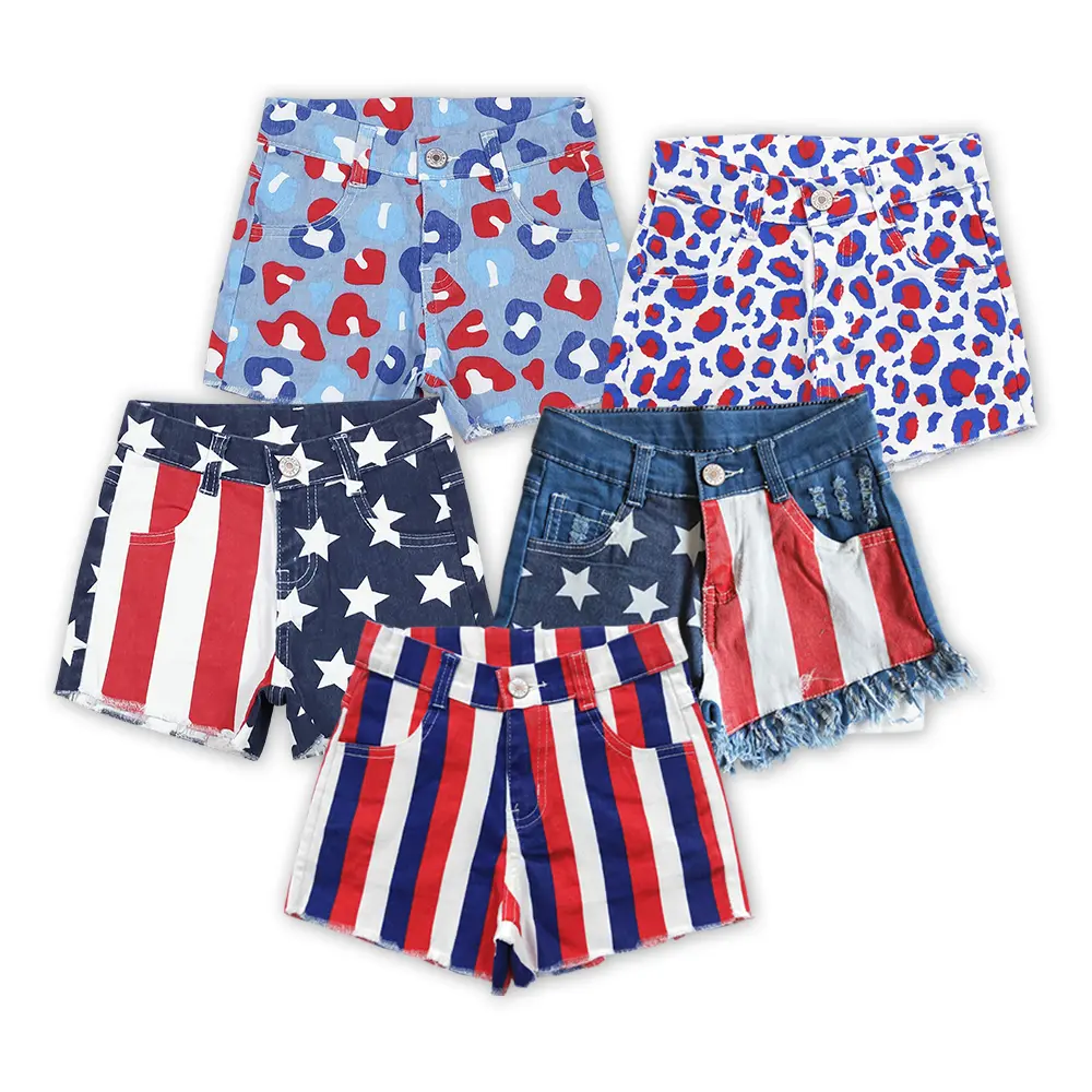Girls' 4th of July Stripe Star Print Short Denim, Kids Clothing Girls, Casual Fashion Shorts