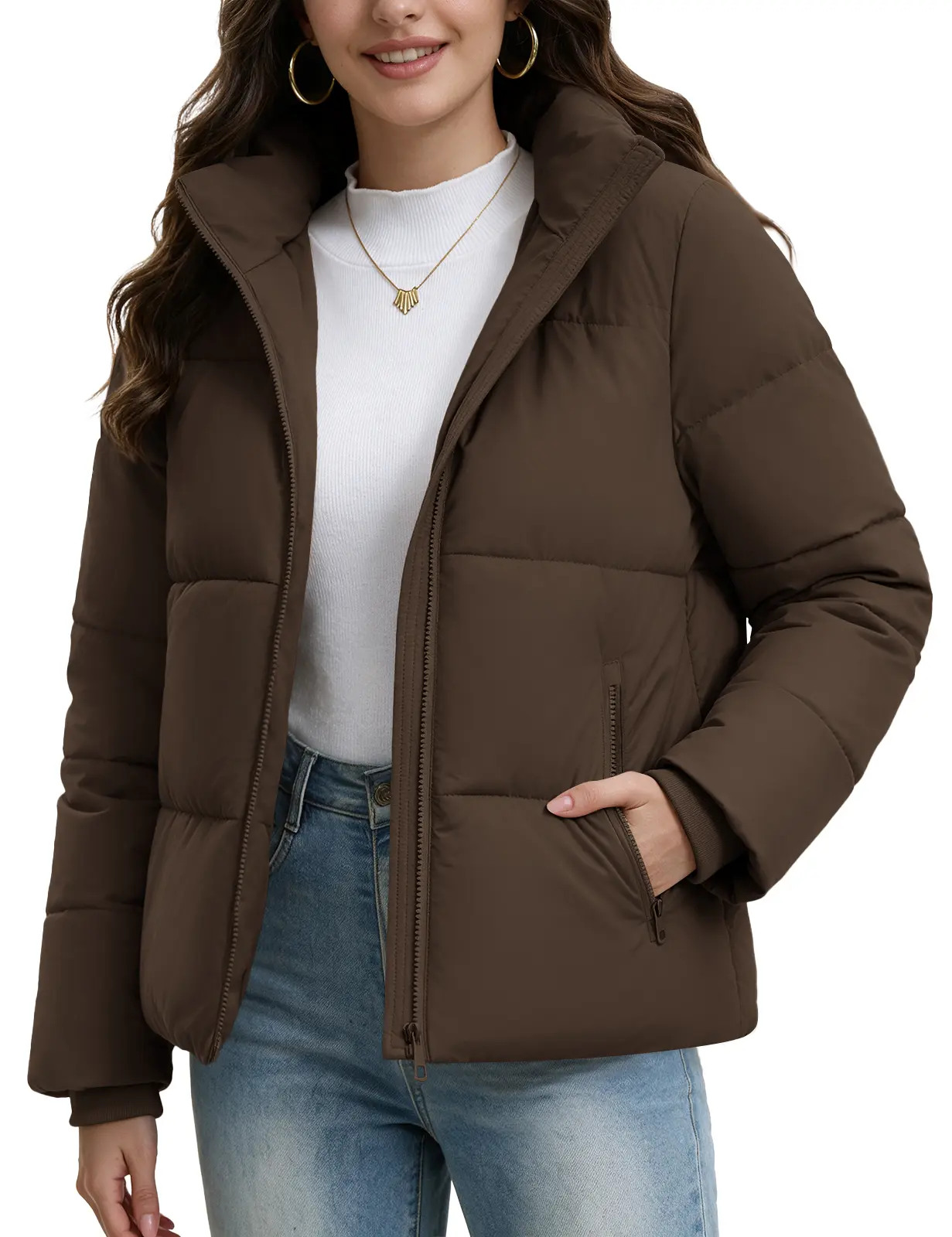 【Get It Early】HEEKPEK Cropped Short Puffer Jacket for Women‑Water‑Repellent Warm Winter Coat, Removable Hood & Multi Zipper Pockets