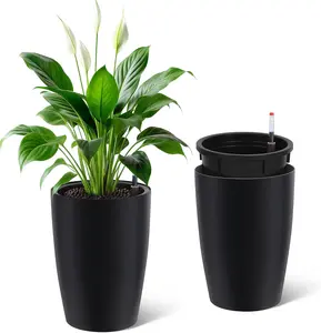 Self-Watering Tall Planter Set  2 Large 16" Plastic Flower Pots with Drainage, Water Level Gauge  Indoor Outdoor Use, Patio, Porch, Balcony, Garden, Home Office