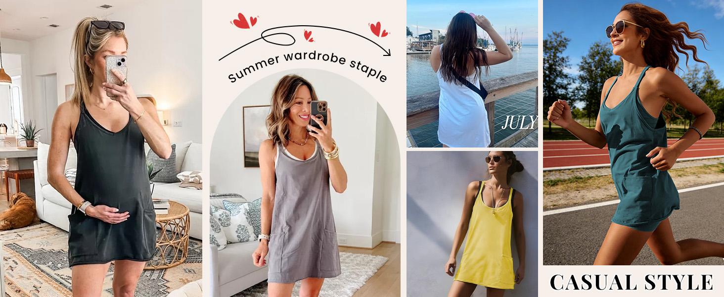 Women's Athletic Sleeveless Mini Dress with Built-in Shorts V Neck Spaghetti Strap Short Tennis Dress with Pockets Casual Mom Life Postpartum Style