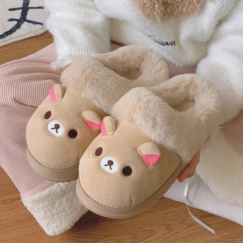 Rilakkuma Cotton Slippers Women'S Cute Winter Outdoor Anti-Slip Indoor Warm Fur Shoe With Heel Cotton Shoe Home Comfortable