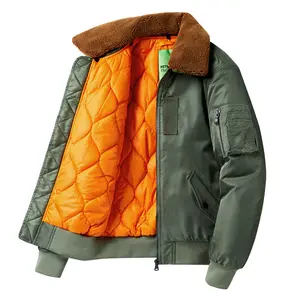 Men's MA1 American Vintage Workwear Jacket Pilot Coat with Detachable Faux Fur Collar Thickened Cotton Casual Flight Bomber Jacket