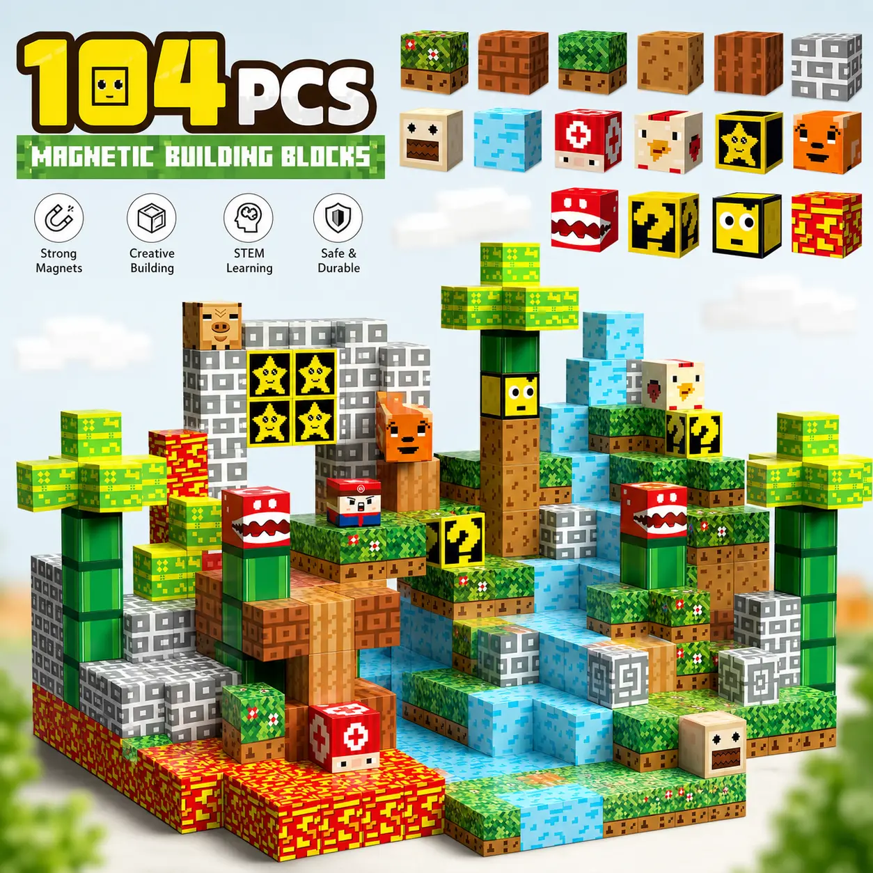 104PCS Magnetic Blocks STEM Building Toy, Unisex Bricks & Parts Stem Construction Set, Children Development Creative Gift for Kids 3-4 Years+ Magnetic Tiles Stacking Stem Magnetic Blocks Bricker Build Sets Figures Combo