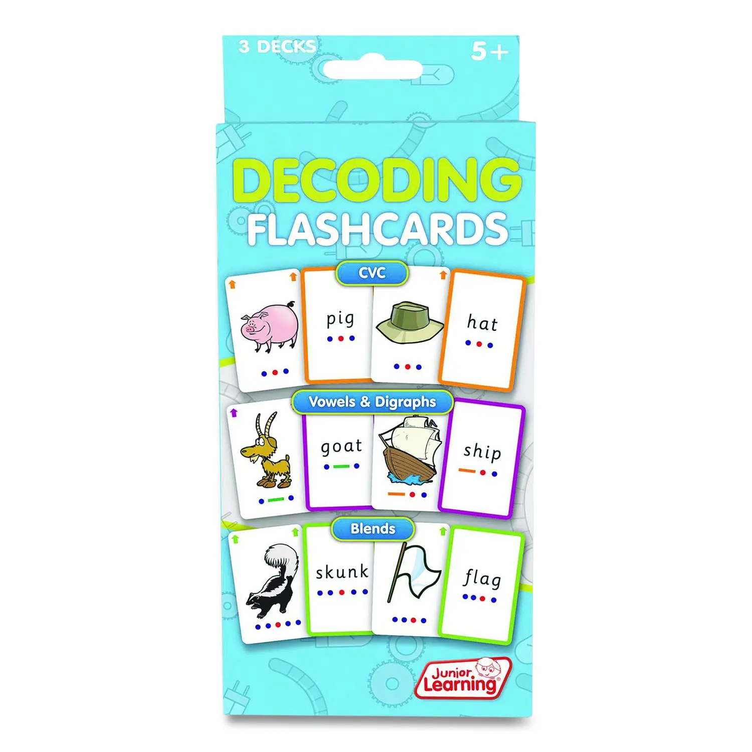 Decoding Flashcards: Blend Patterns CVC Words Vowels/Digraphs Grades K to 1 Assorted Colors 54 Cards/Deck 3 Decks JL211