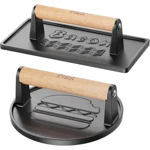 Smash Burger Press (2PCS), Pre-Seasoned Cast Iron Hamburger Smasher, Heavy-Duty Bacon Grill Press Tool with  Handle, (Round & Rectangle)