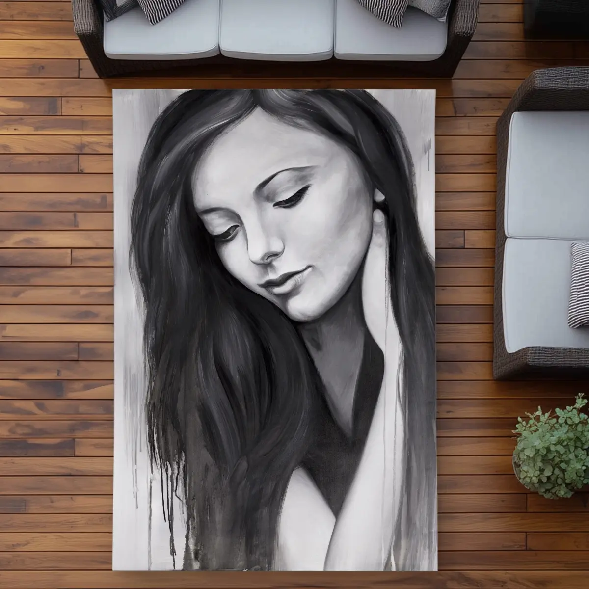360 stand 5x7 ft. Weatherproof Rectangle Rug - Figurative Realistic Woman Portrait Monochrome Design, Decorative Polyester Modern Durable Area Rug for Home Decor, Decorative Rug, Polyester Rug