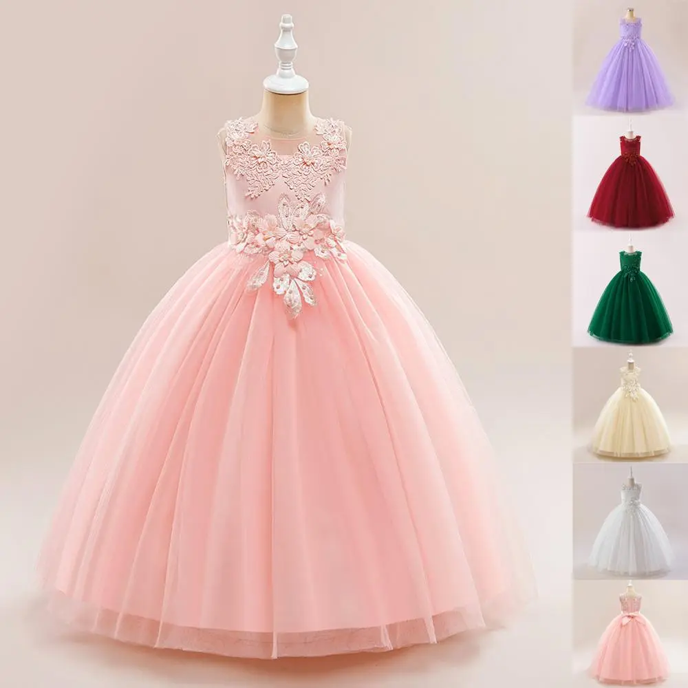 Pink Kids Clothes 386 Princess Long Ball Gown Frock Embroidered Beading Children Formal Evening Party Pageant Prom Host Cocktail Dress Flower Girls 4-14Y