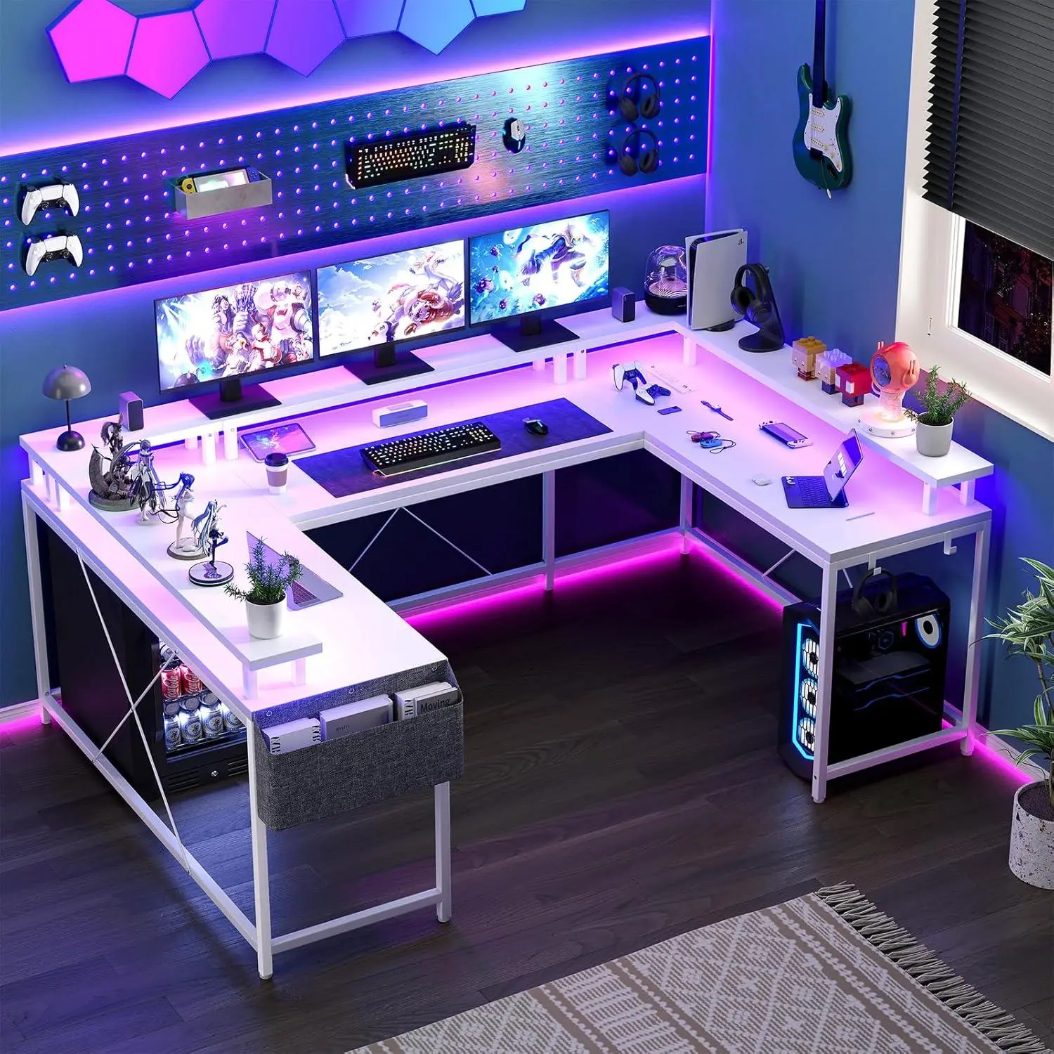 126 Inch U Shaped Home Office Desk With Reversible L Shape Dynamic Rgb Led Lighting Built In Power Outlets Usb Ports Full Monitor Stand Storage Shelves Hooks Storage Bag Durable Gaming Computer Workstation White