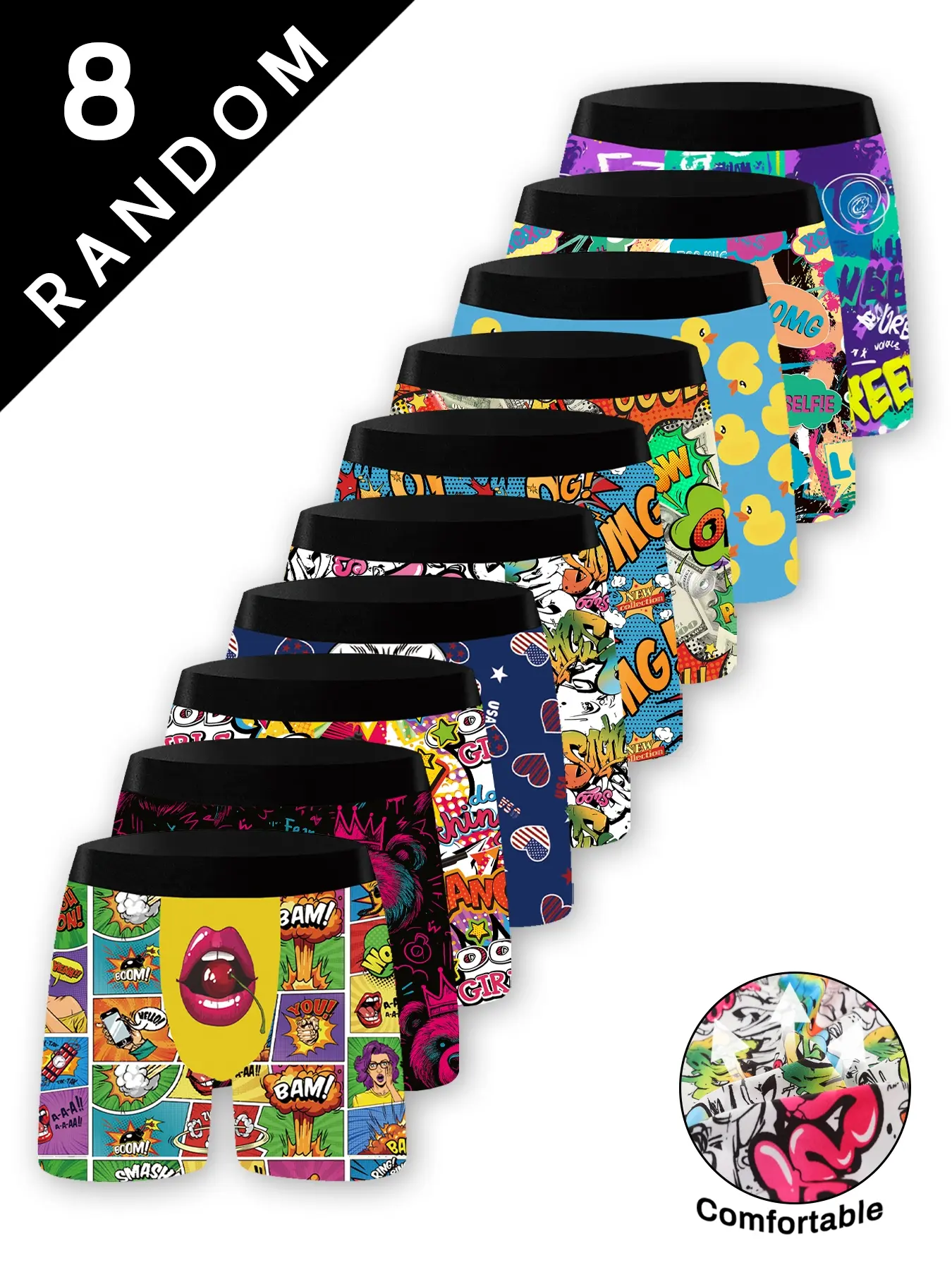 8-pack random graffiti-designed men's boxer briefs, comic-style, rich in colors, trendy and personalized, elastic waistband for comfortable fit, breathable, casual style, daily wear and gifting, Stretchy Underwear